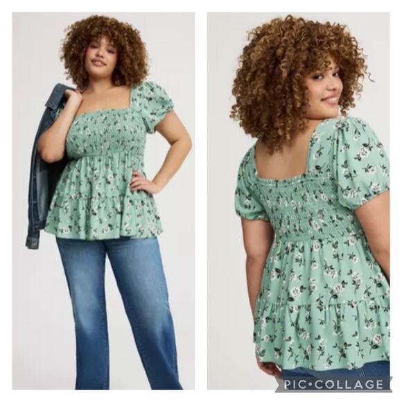 torrid Tops - Torrid Green Floral Smocked Babydoll Top Plus Size 4X